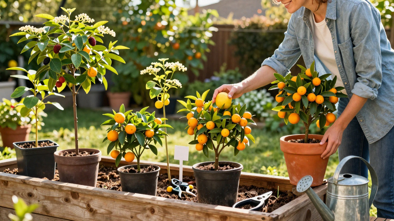 Pessoa a cuidar de pequenas árvores de citrinos com frutos laranja num jardim ensolarado.