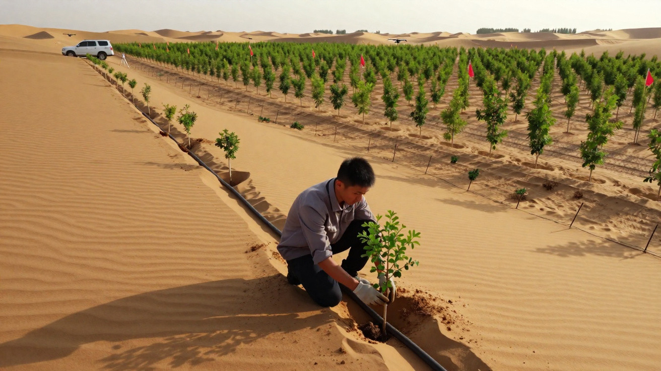 Homem a plantar árvore num deserto junto a uma plantação jovem com sistema de irrigação por gotejamento.