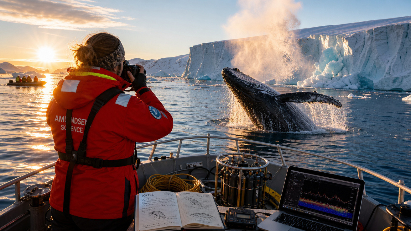 Pessoa em casaco vermelho fotografa baleia a saltar junto a icebergue no pôr do sol, vista de barco científico.