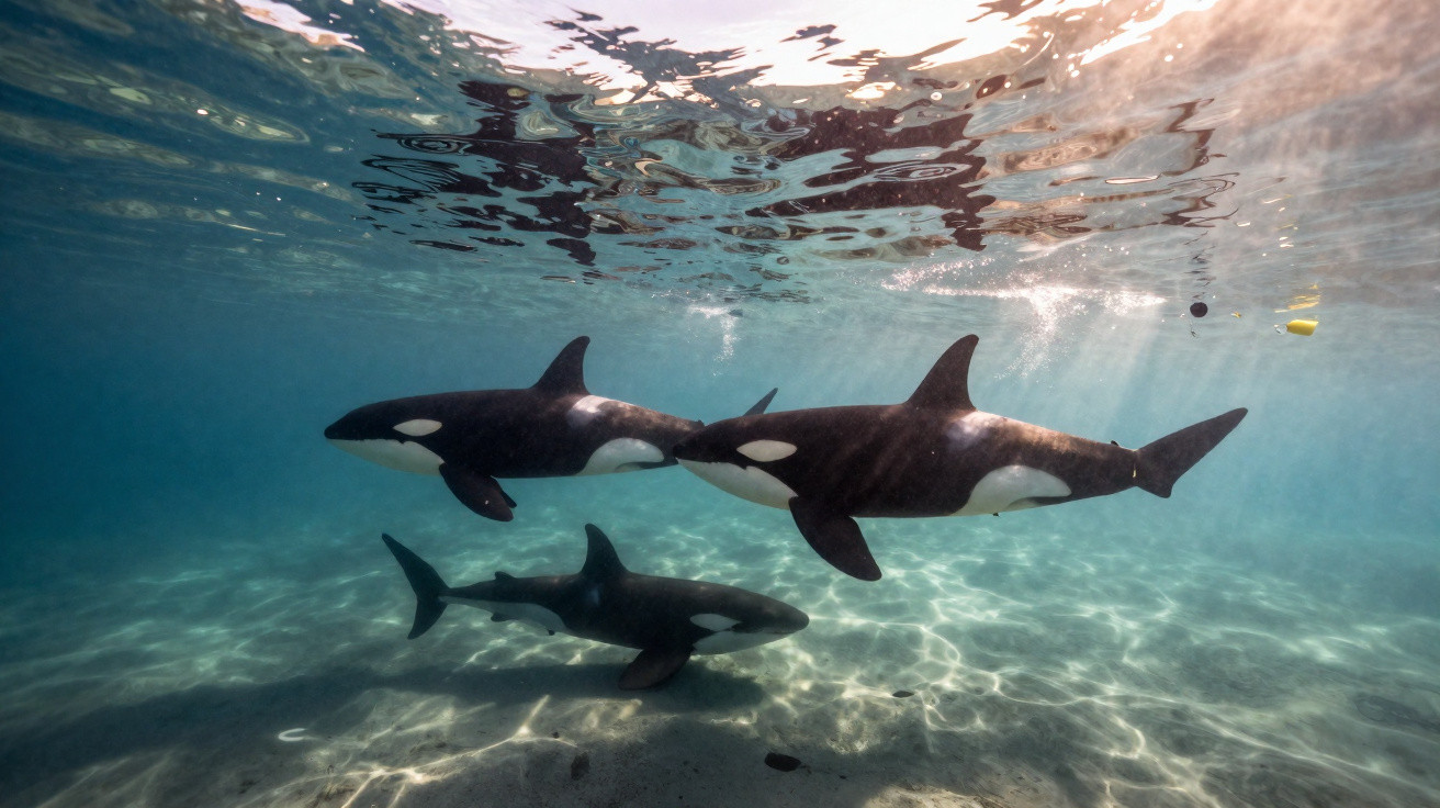 Três orcas a nadar em águas claras e rasas, com luz solar a iluminar o fundo do mar.