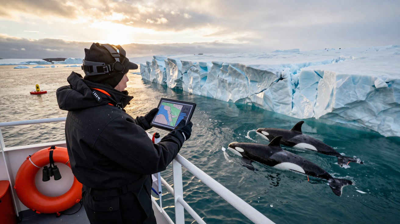 Pessoa com tablet num barco perto de duas orcas e um icebergue no oceano gelado.