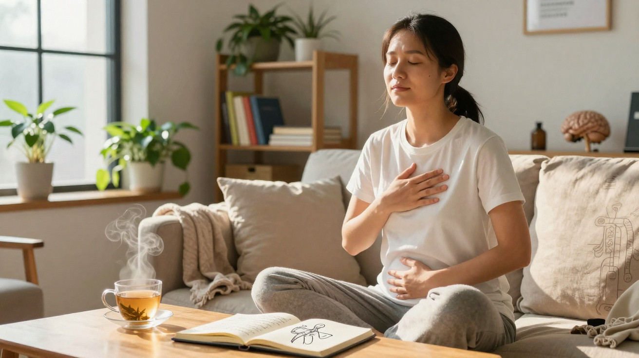Mulher sentada no chão da sala, praticando meditação com mãos no peito e abdómen, chá a fumegar na mesa.