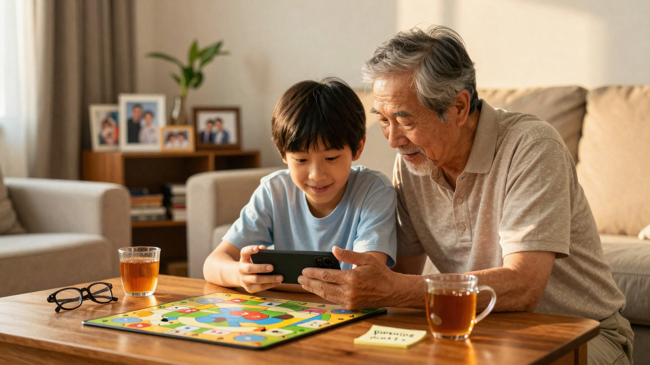 Avô e neto sentados à mesa da sala, a jogar um jogo de tabuleiro e a usar um smartphone juntos.