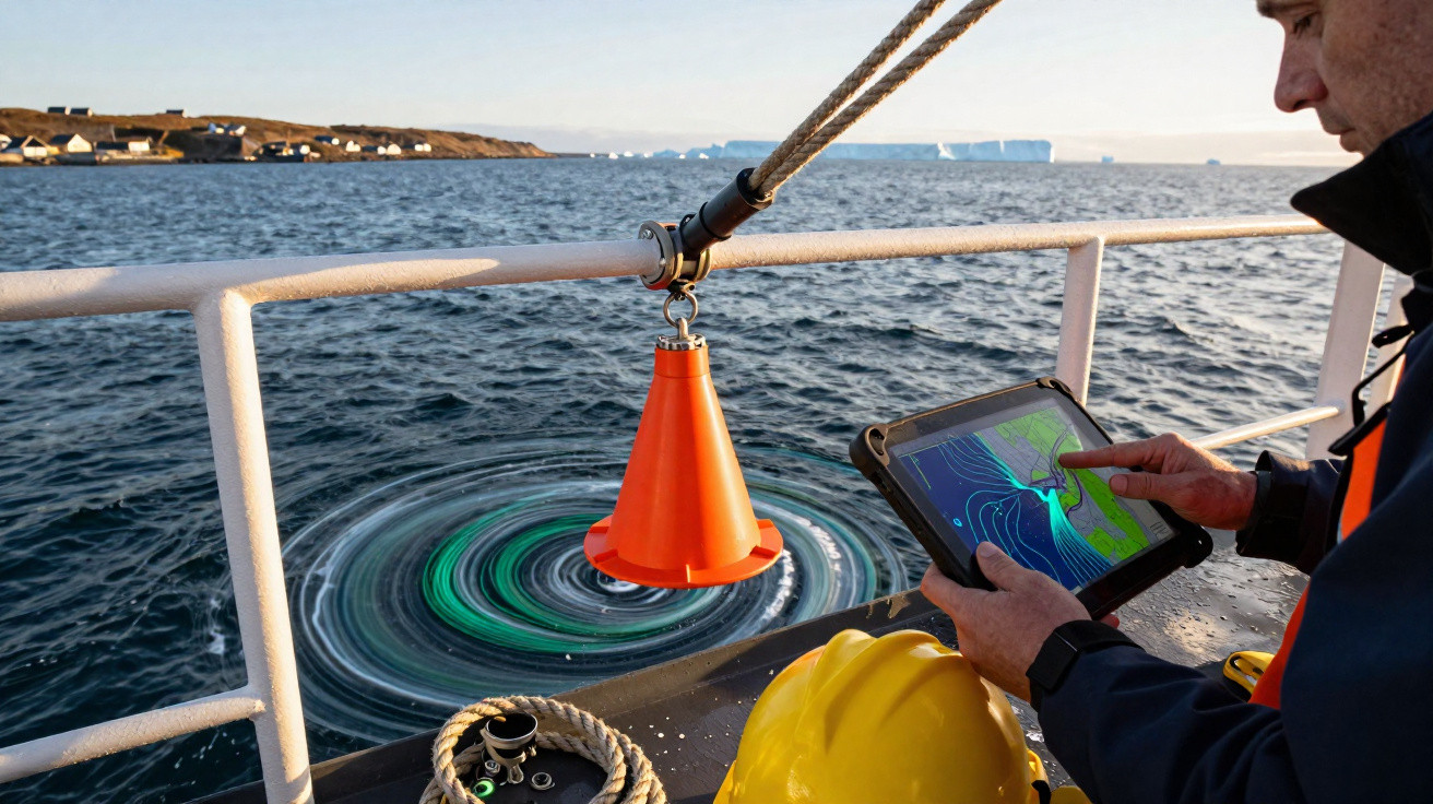 Pessoa a despejar amostra de água no mar a partir de barco, com tablet a mostrar dados oceanográficos.