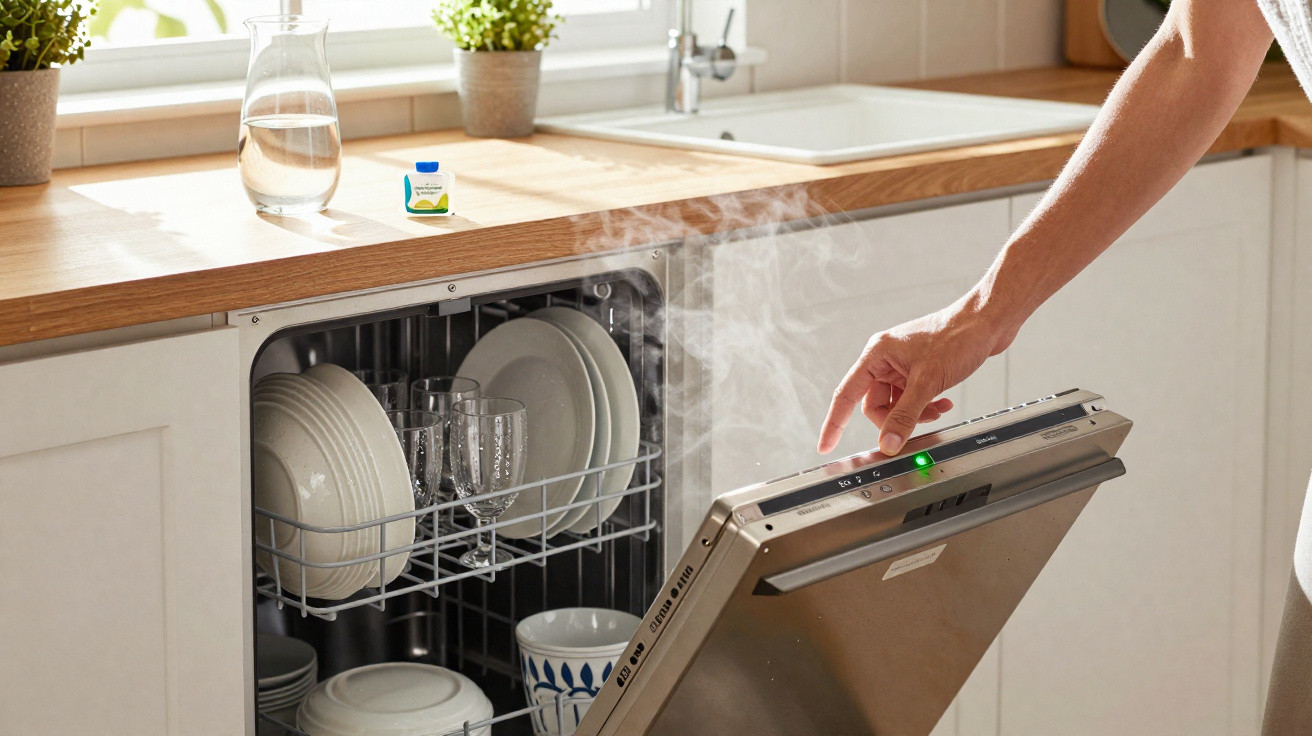 Pessoa a abrir máquina de lavar loiça embutida com pratos e copos limpos a vapor numa cozinha moderna.