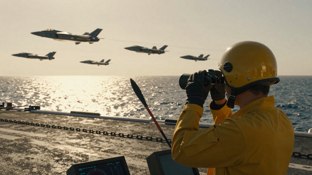 Militar com capacete amarelo observa aviões de caça a voar sobre porta-aviões no mar ao pôr do sol.