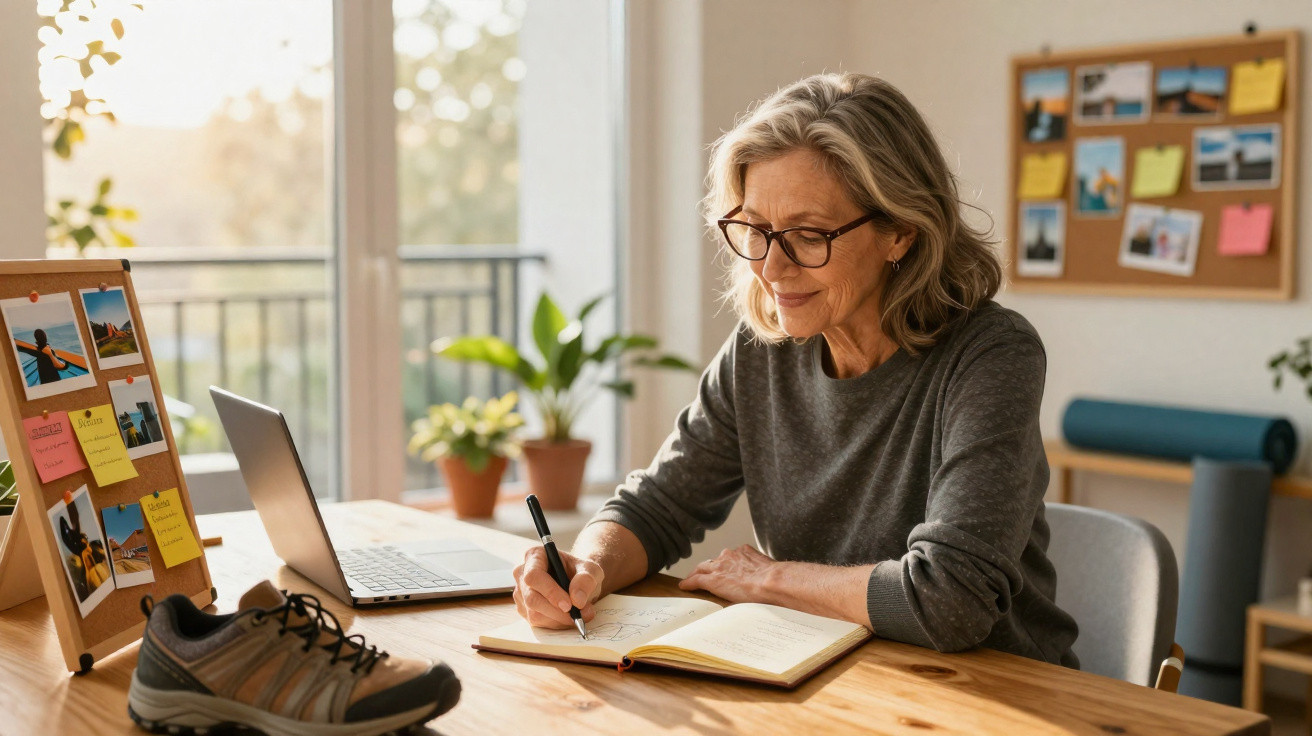 Mulher sénior a escrever num caderno sentada à mesa com computador, sapatilhas e plantas ao fundo.