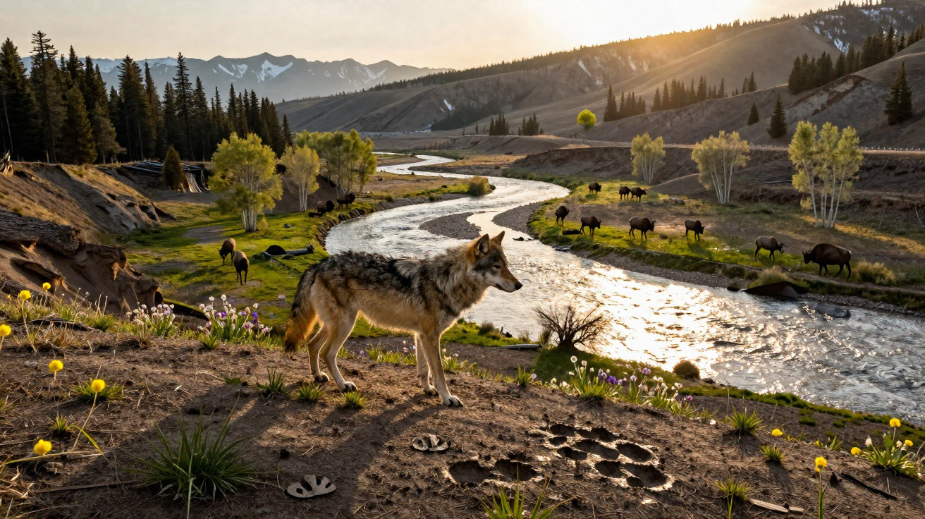 Lobo observa búfalos junto a rio sinuoso num vale montanhoso ao pôr do sol.