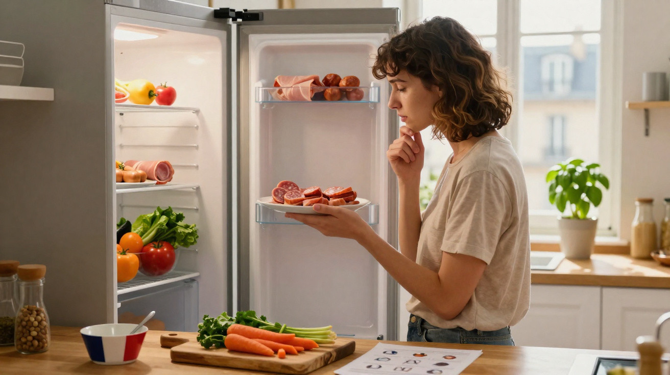 Pessoa a escolher alimentos frescos na cozinha, com frigorífico aberto e legumes sobre a bancada.