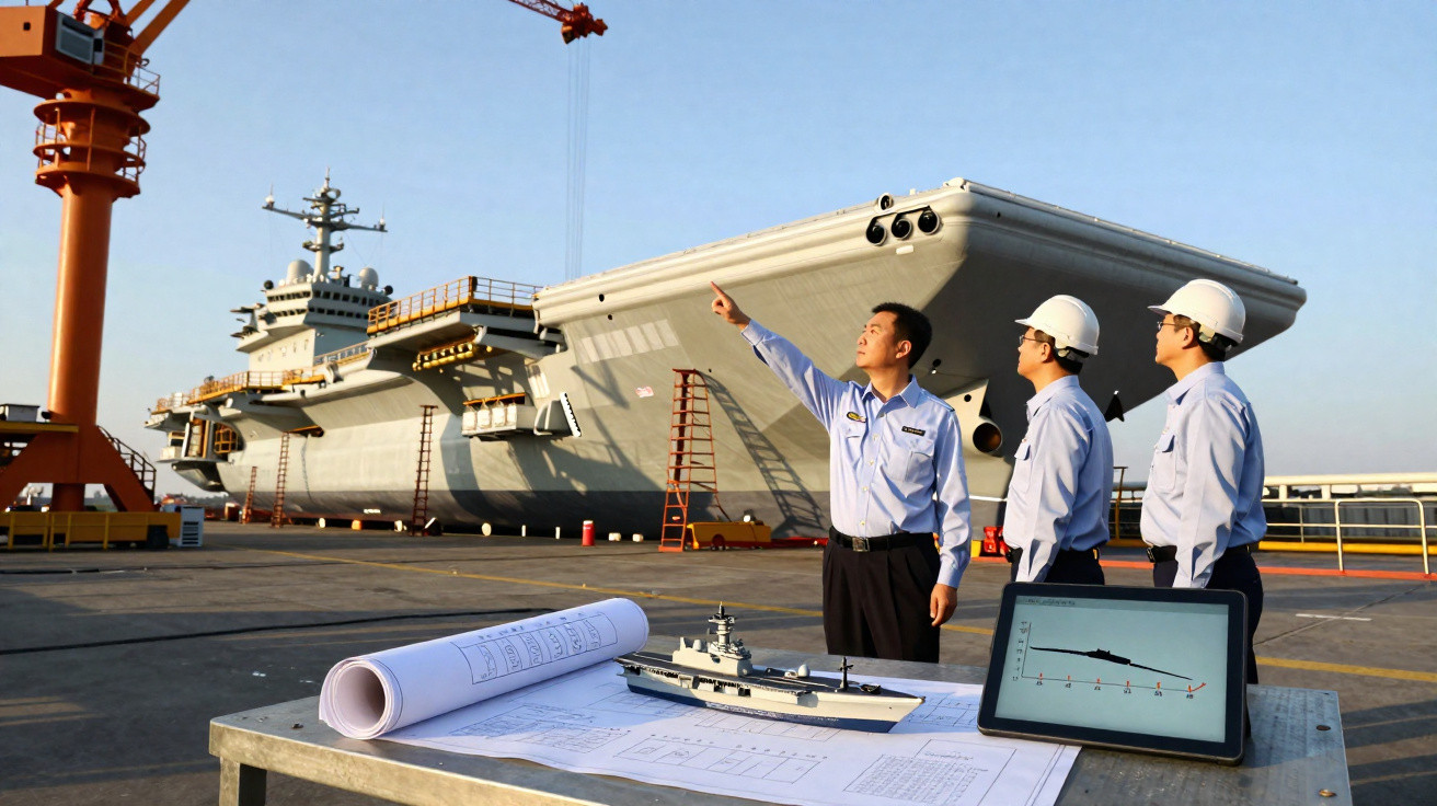 Três militares apontam para um porta-aviões, com maquete, planos e tablet numa mesa ao lado.