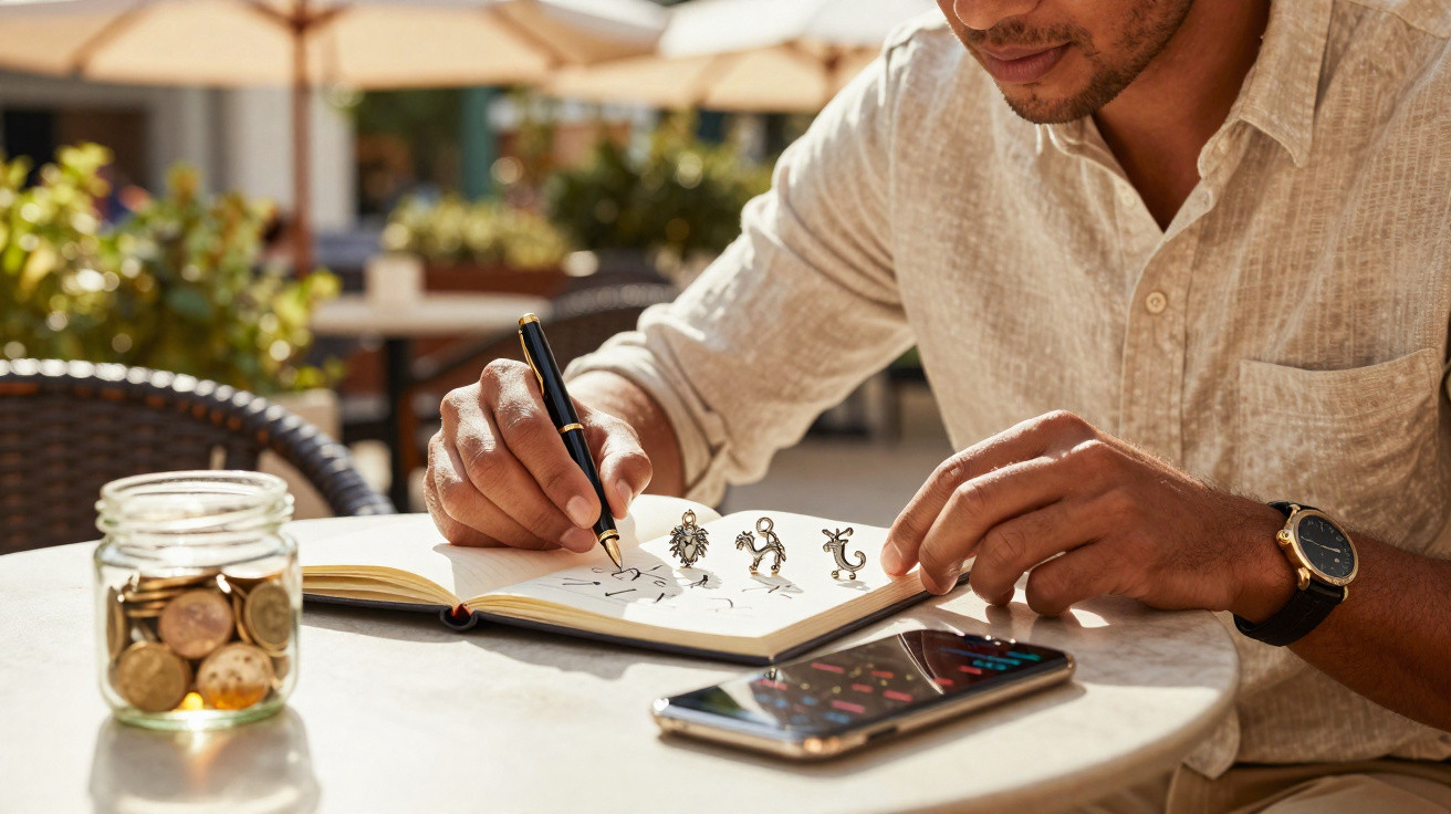 Homem sentado numa mesa a planear investimentos, com caderno, moedas e telemóvel à sua frente.