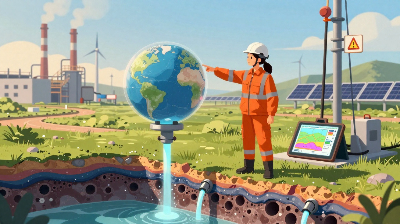 Trabalhadora com capacete observa globo terrestre representando energia sustentável e ambiente industrial ao fundo.