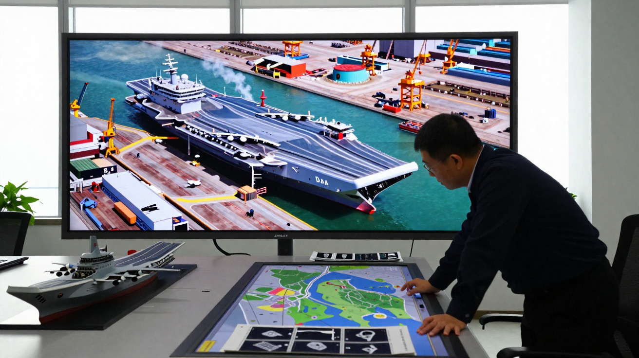 Homem em escritório analisa maquete de navio com imagem digital de porta-aviões no ecrã atrás.