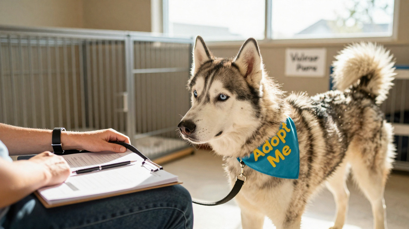 Cão husky com bandana verde que diz "Adopt Me" num abrigo, ao lado de uma pessoa com trela.