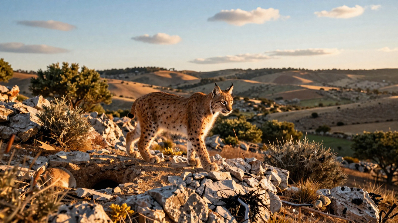 Lince ibérico a caminhar sobre pedras num habitat natural com colinas e árvores ao fundo.