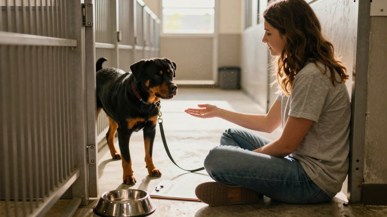 Pessoa sentada no chão a interagir com cão dentro de uma instalação canina com porteiras metálicas.
