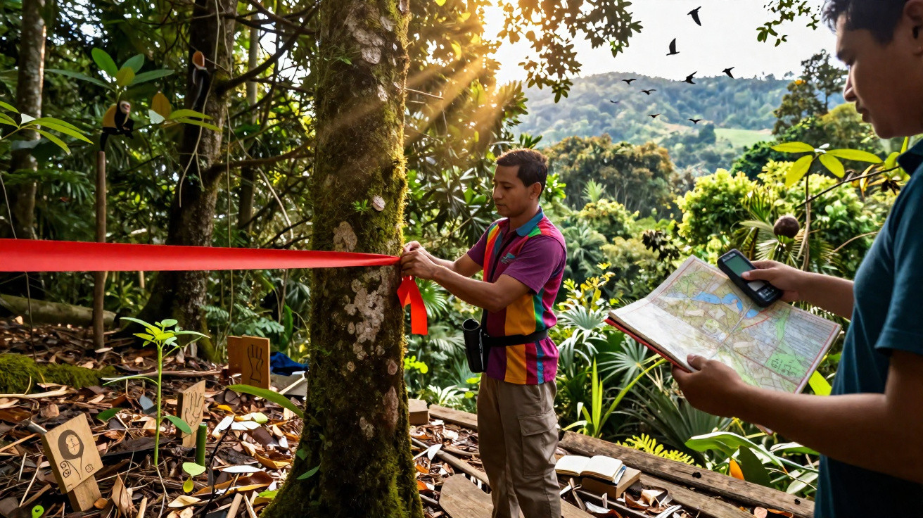 Pessoa a colocar fita vermelha numa árvore numa floresta, com mapa e dispositivo na mão de outra pessoa.