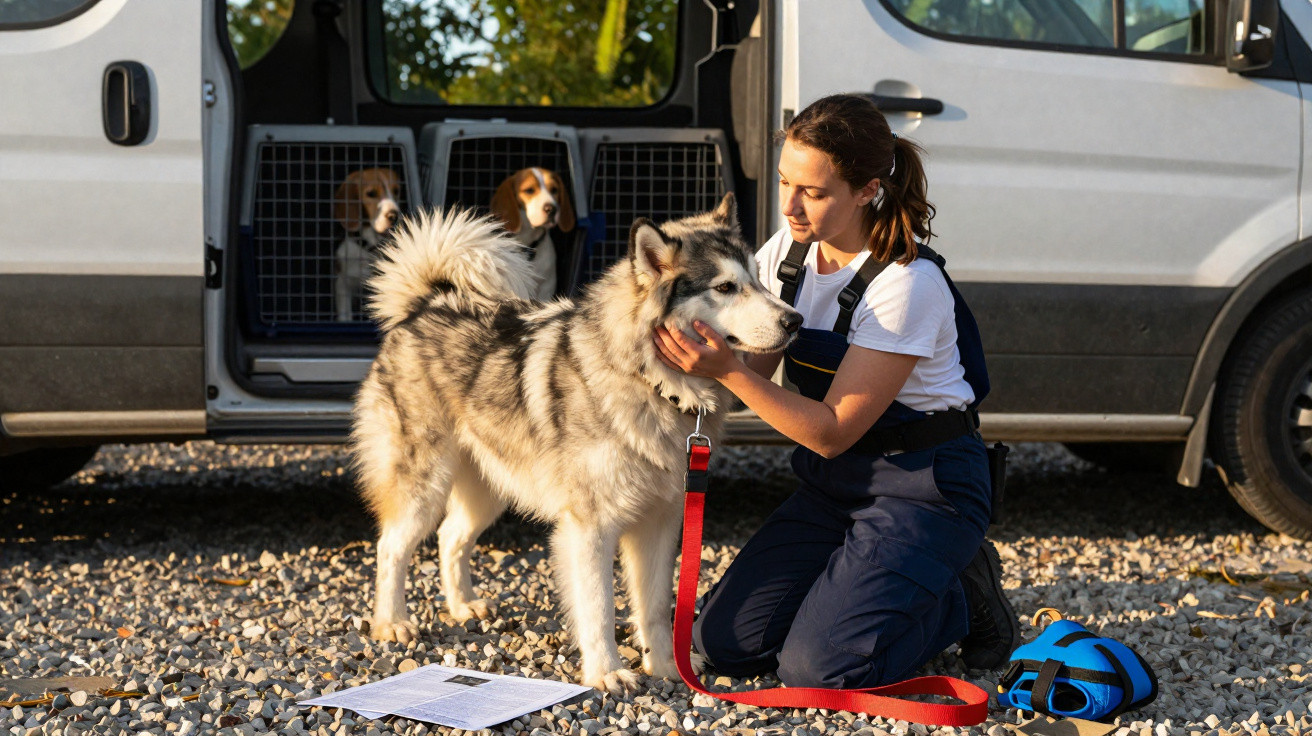 Mulher ajoelhada acalma cão husky ao lado de carrinha com três cães dentro de caixas de transporte.