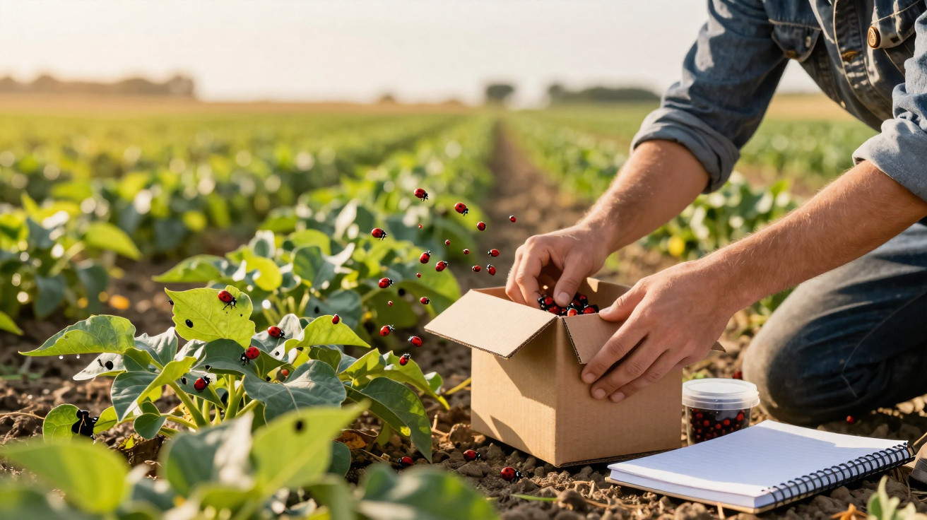 Pessoa recolhe joaninhas numa caixa de cartão numa plantação verde, com cadernos e frascos ao lado.