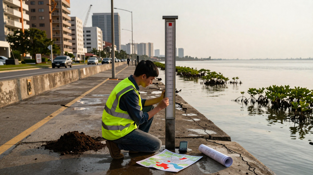 Homem de colete refletor consulta documentos num cais junto ao mar com edifícios e vegetação aquática.