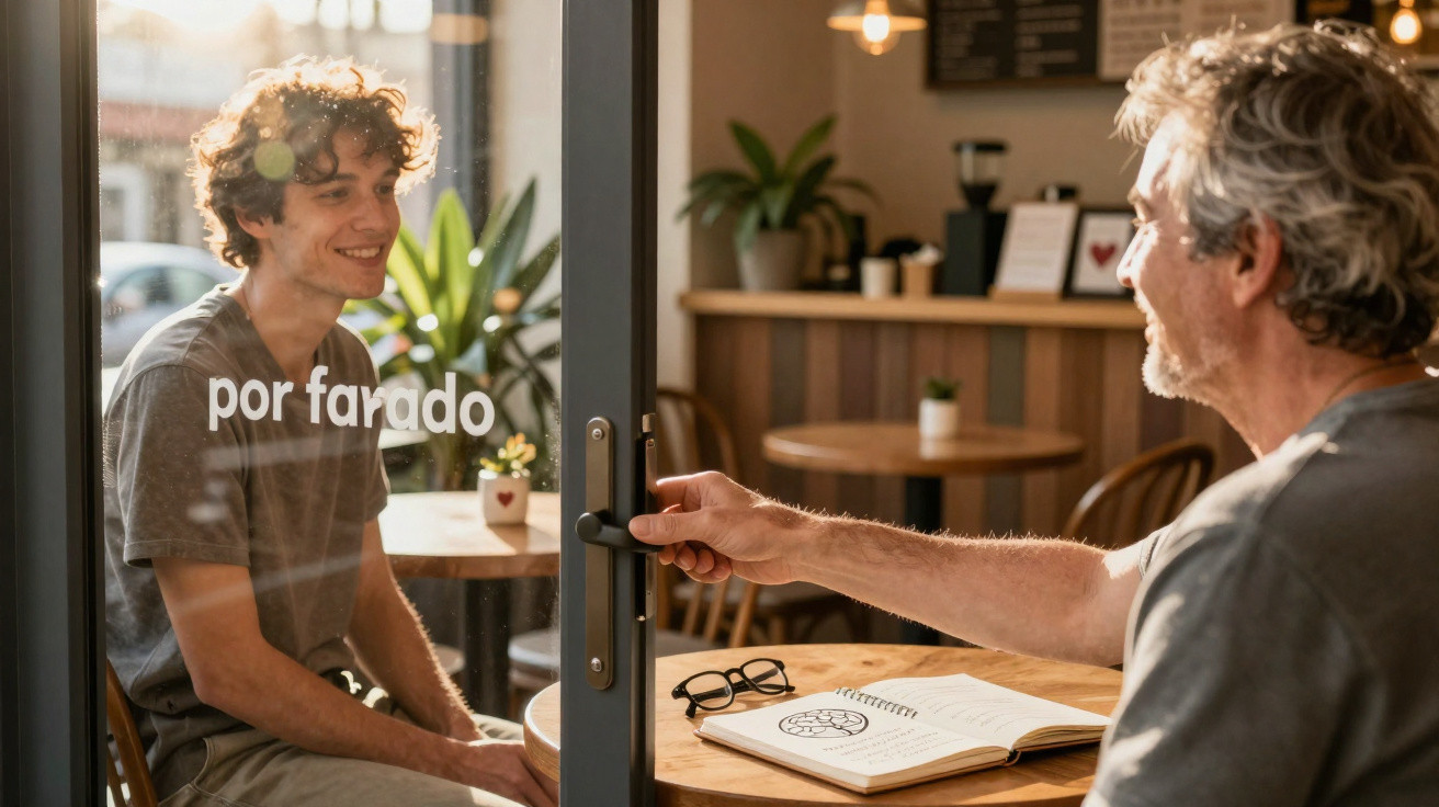 Jovem a abrir a porta de café para mulher sentada a ler com óculos na mesa.