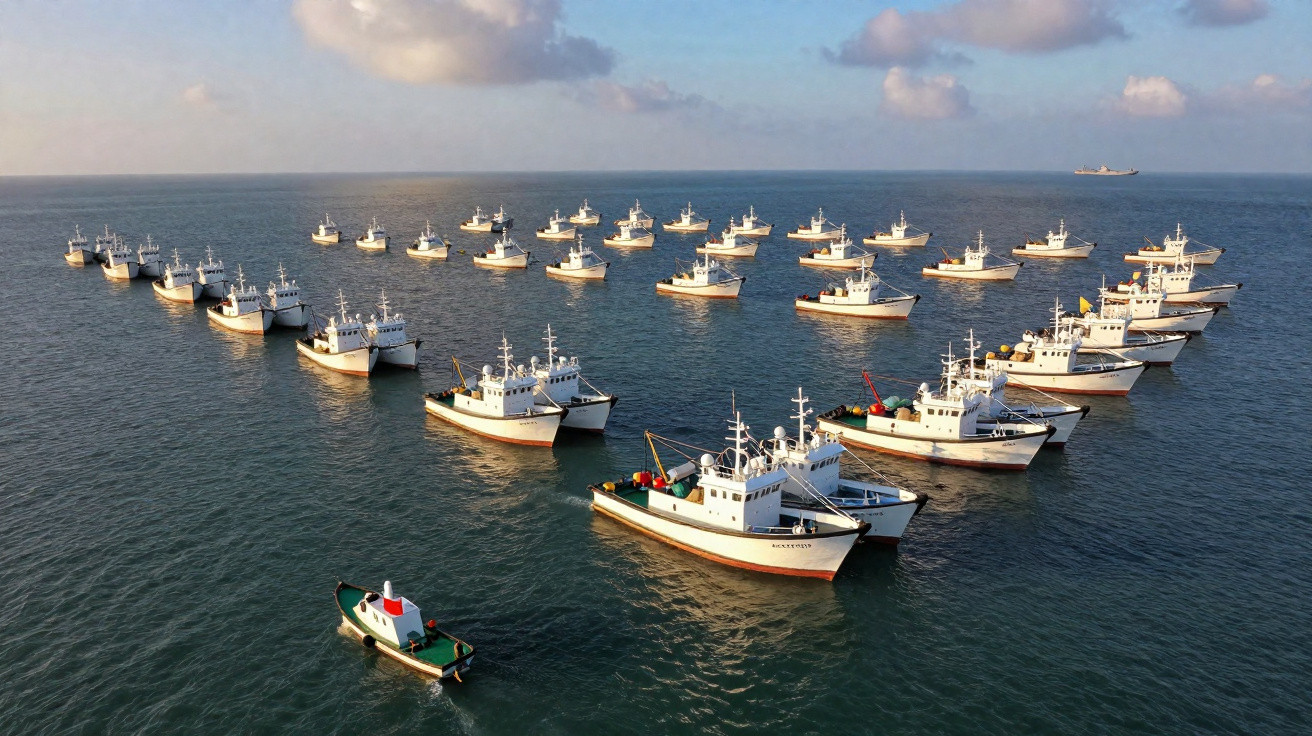Frota de barcos de pesca alinhados em formação no mar ao pôr do sol, céu com nuvens dispersas.