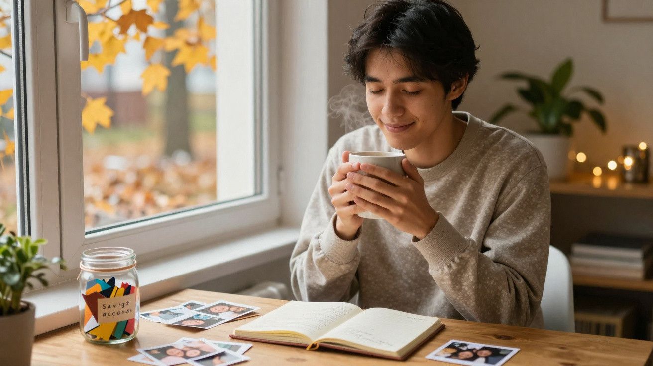 Pessoa sentada a beber de caneca enquanto lê um livro numa mesa junto a uma janela com decoração outonal.