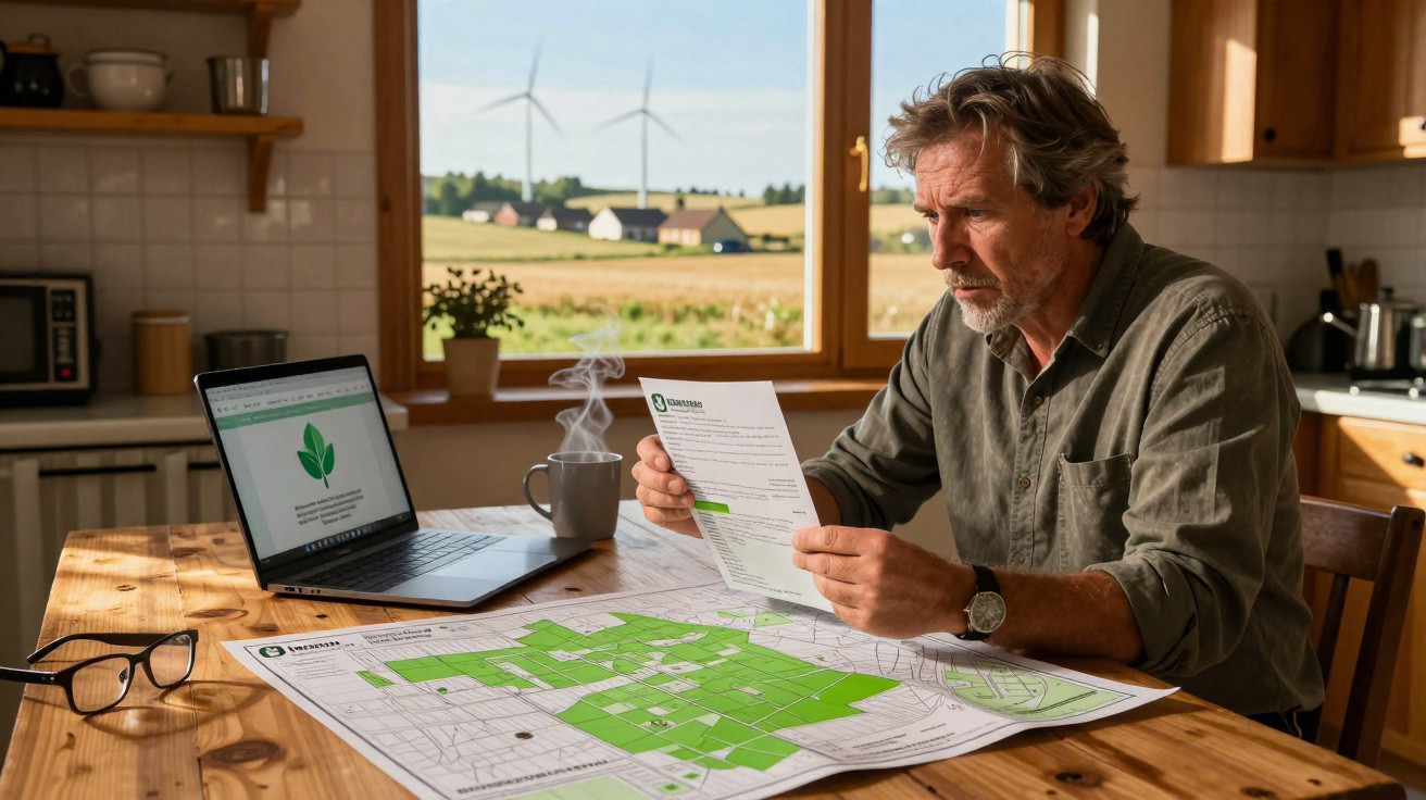 Homem preocupado a analisar fatura de energia na cozinha com laptop e mapa energético à sua frente.