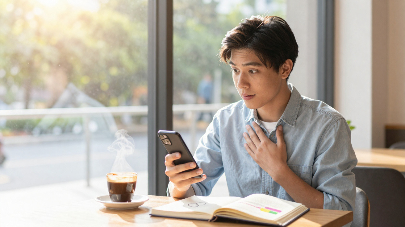 Jovem sentado numa cafetaria, a olhar surpreso para o telemóvel com um café quente e livros à sua frente.