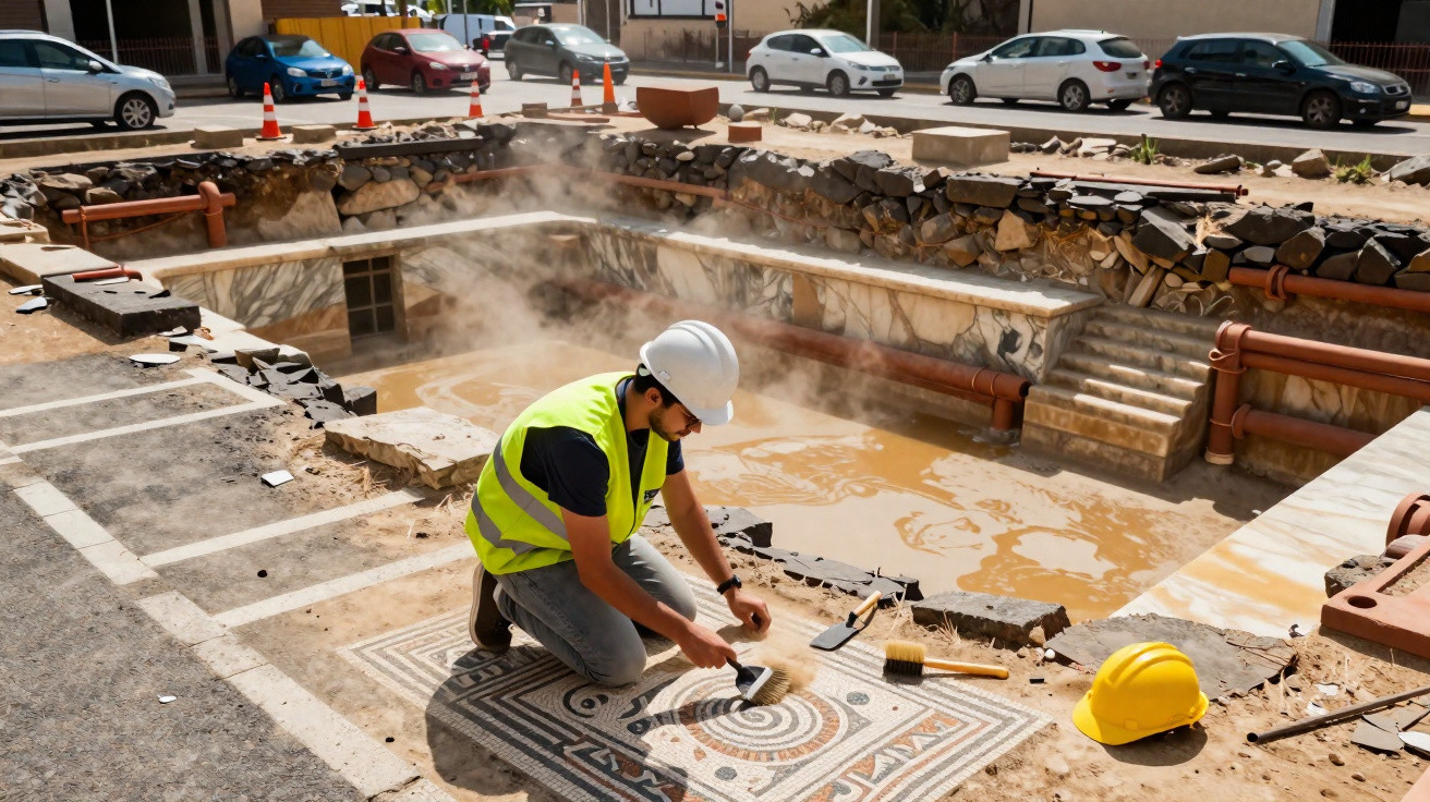 Arqueólogo com capacete e colete amarelo escava mosaico antigo em zona arqueológica urbana em obras.