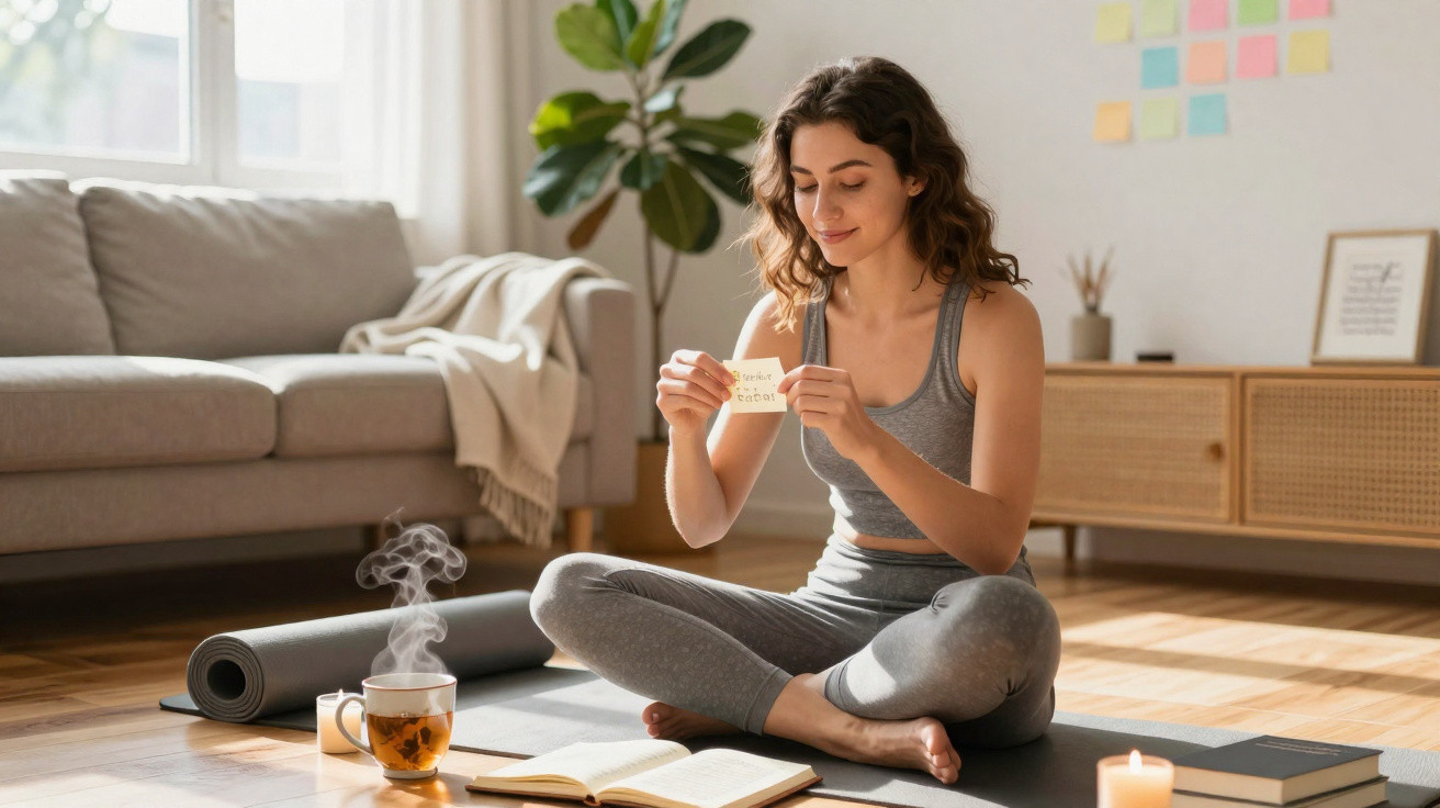 Mulher sentada em tapete de yoga a ler nota, com chá, livro e vela num ambiente luminoso e acolhedor.