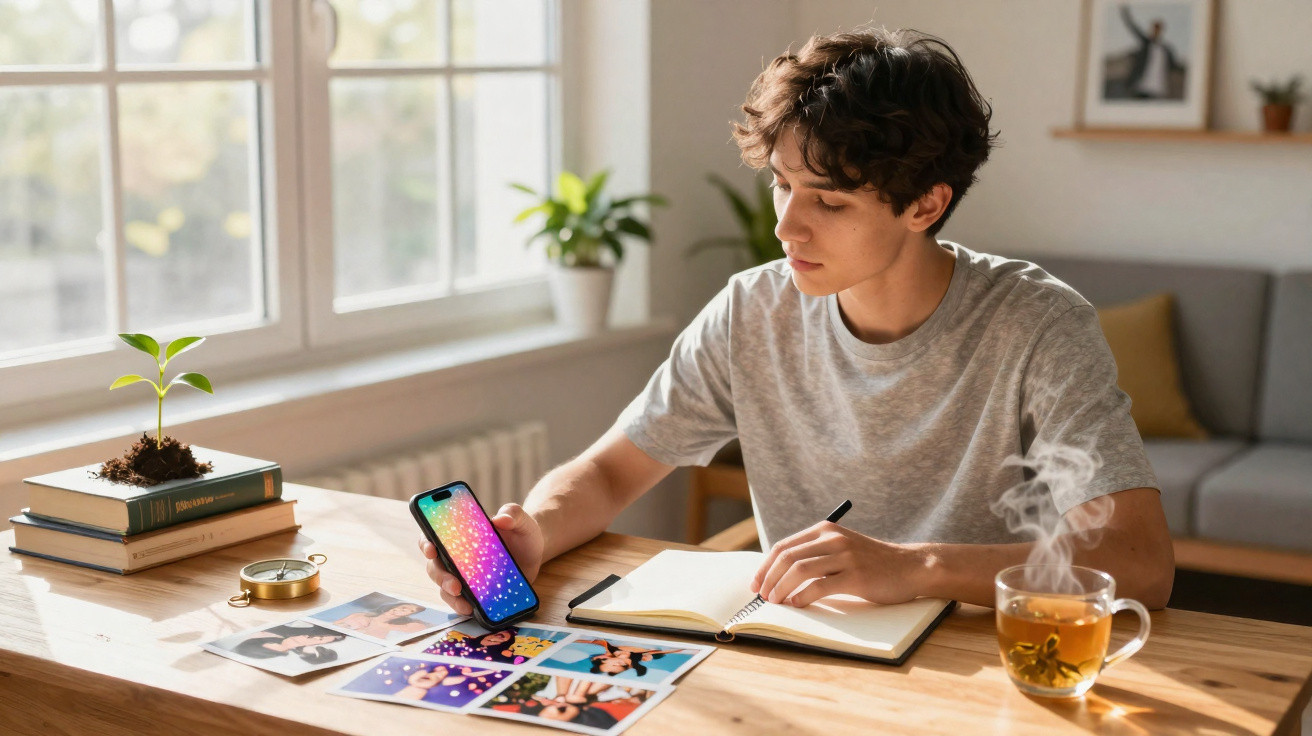 Jovem sentado à mesa a organizar fotografias com livro aberto, chá quente e plantas ao lado numa sala iluminada.