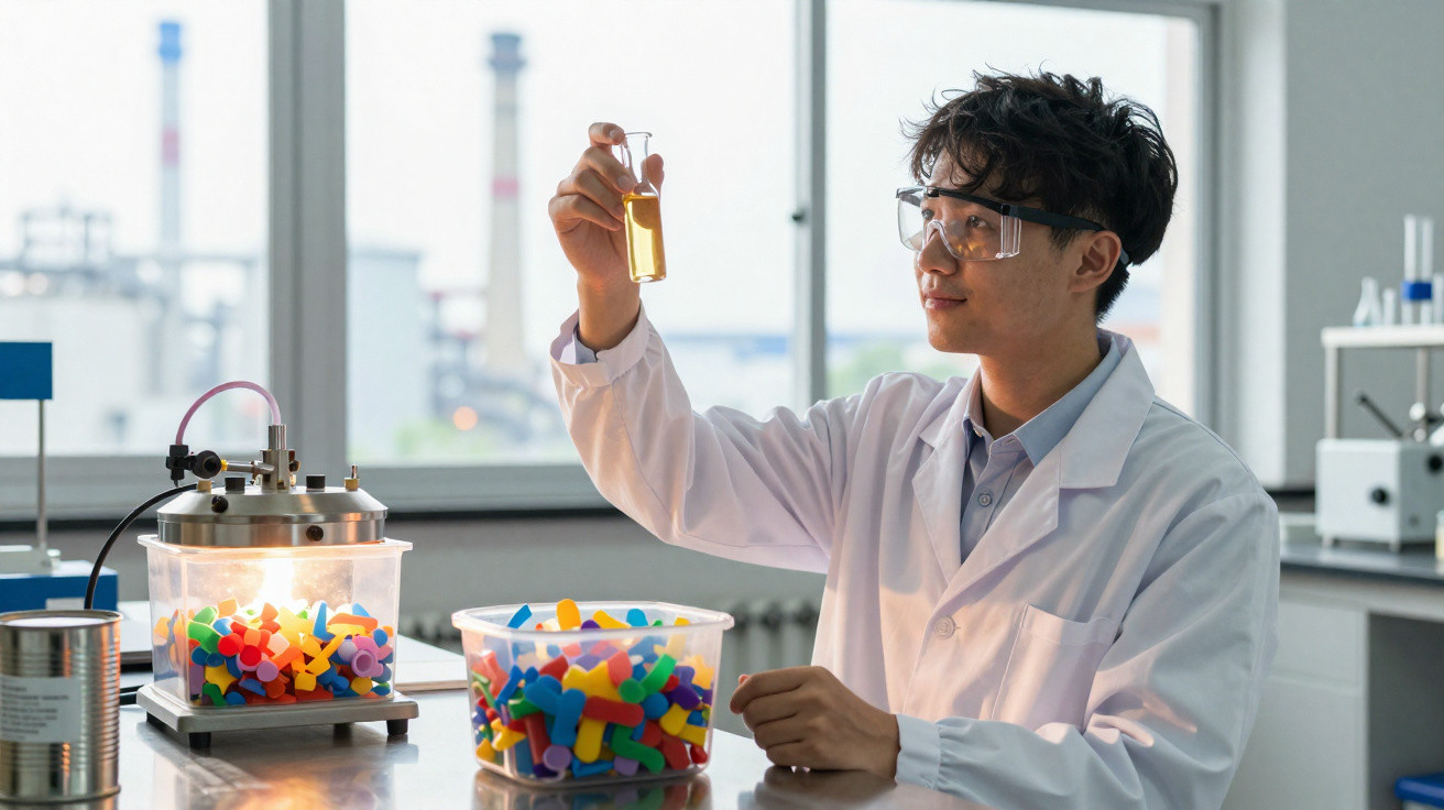 Cientista em laboratório a examinar frasco com líquido amarelo, ao lado de recipiente com peças coloridas.