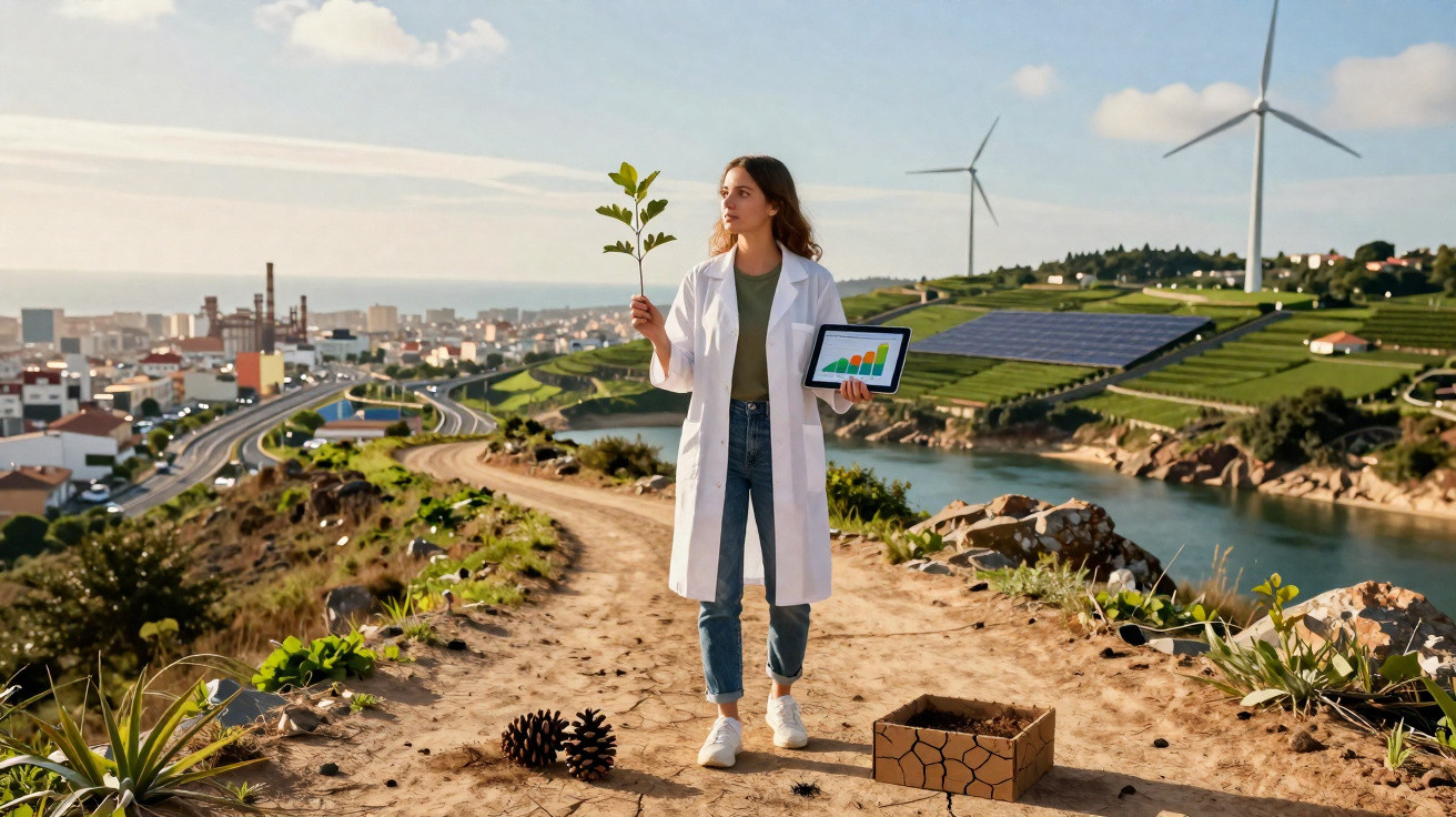 Mulher com bata branca segura planta e tablet com gráficos, entre estrada de terra, turbinas e painel solar.