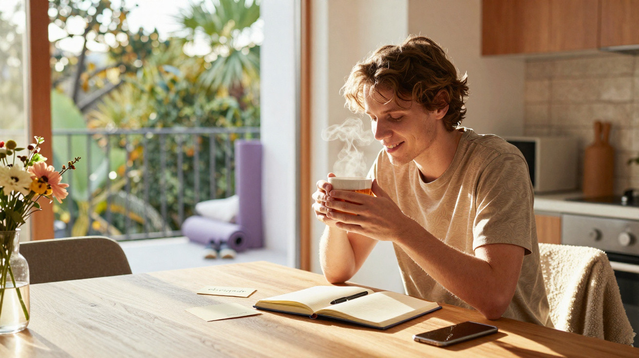 Homem jovem sentado à mesa, sorrindo e segurando uma chávena de café ao nascer do sol.
