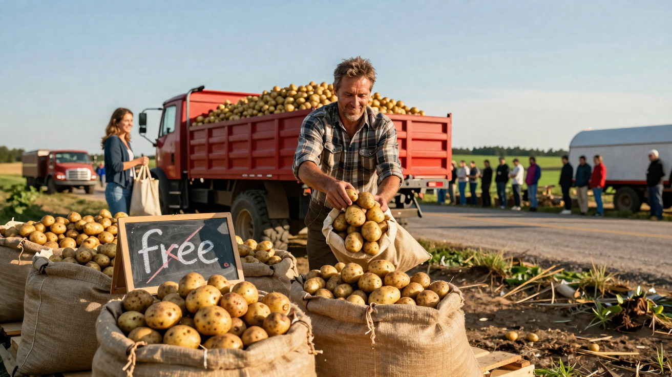 Homem a vender batatas em saco grande no campo, com camião vermelho e mulher ao fundo.