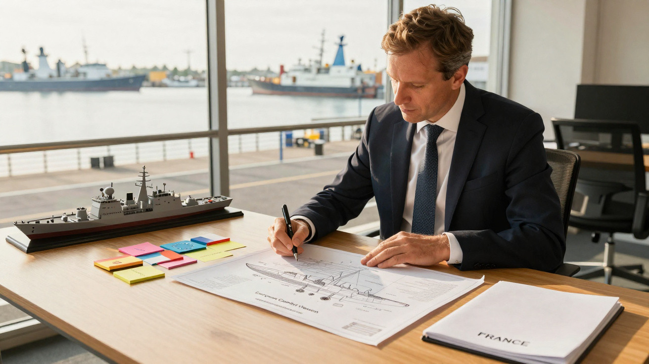 Homem a desenhar projeto de navio militar numa planta, com maquete e pasta "FRANCE" numa mesa perto do porto.