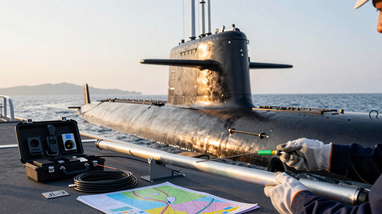 Pessoal preparado com luvas a manusear equipamento técnico ao lado de um submarino atracado no mar ao entardecer.