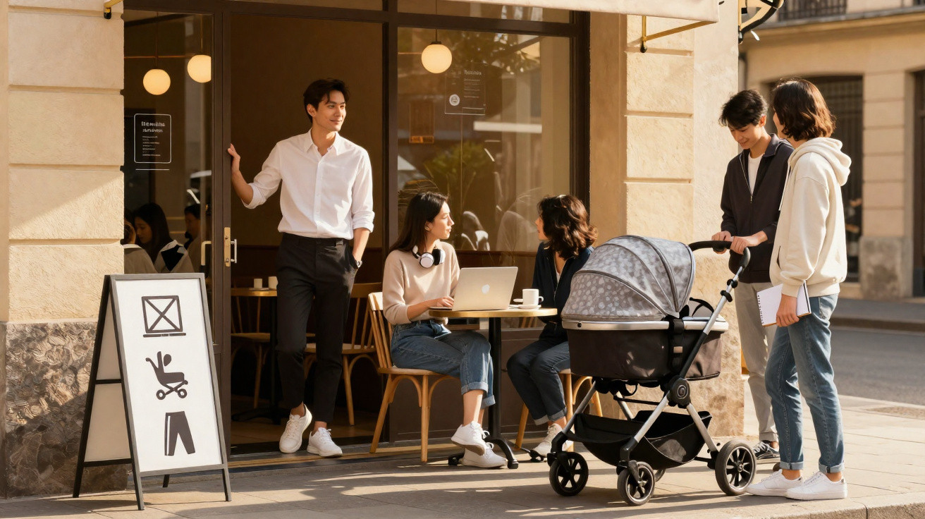 Homem à porta de café conversa com casal e carrinho de bebé, mulher usa portátil na mesa exterior.