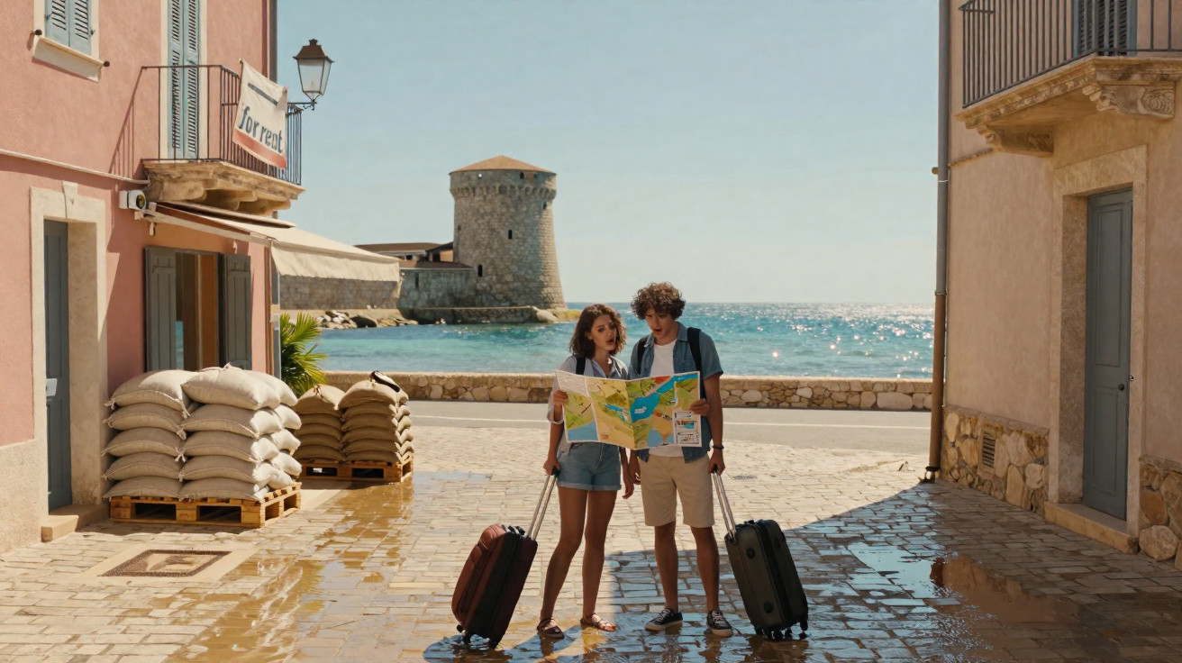 Casal de turistas com malas e mapa numa rua molhada junto ao mar e torre de pedra ao fundo.