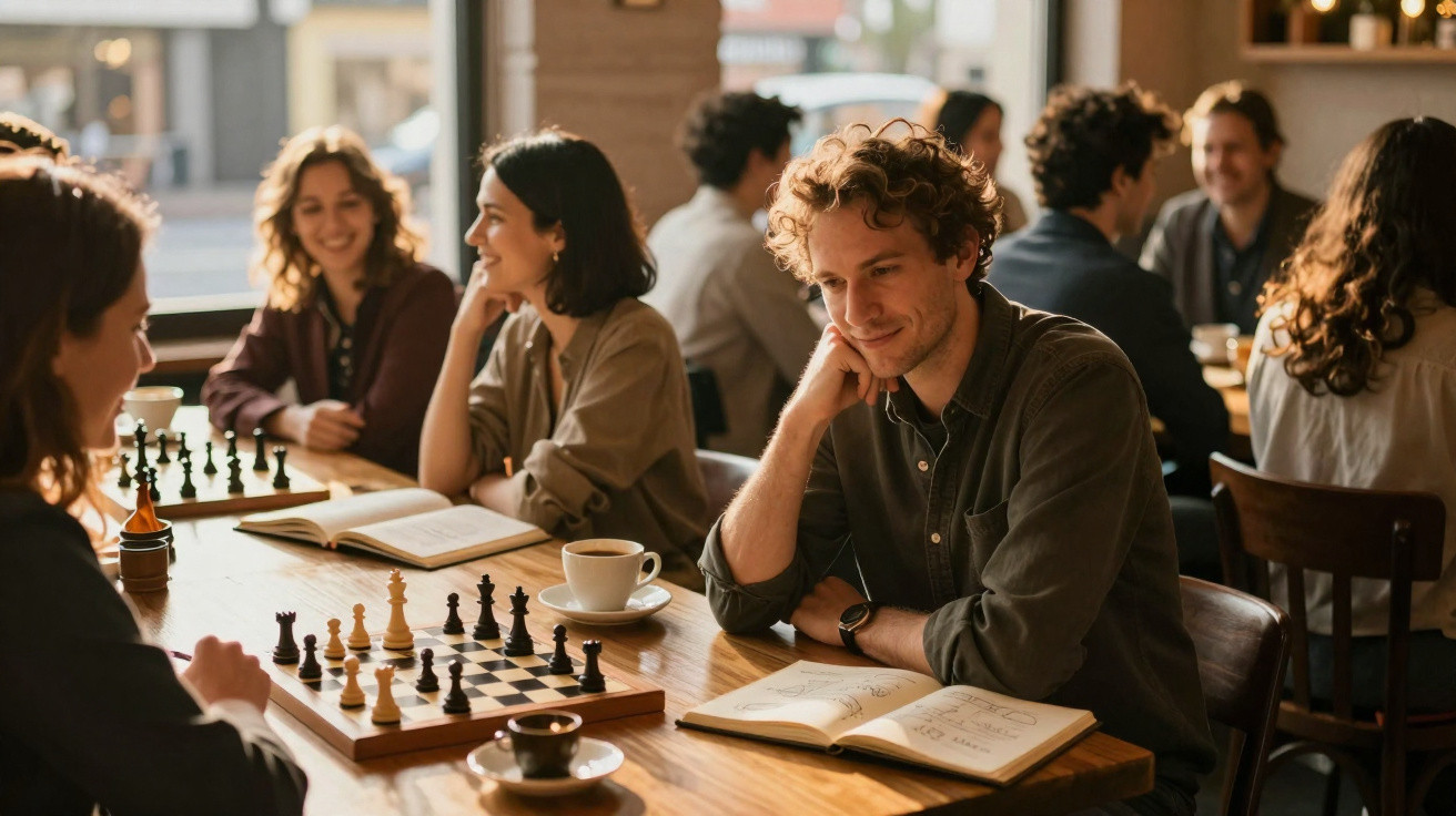 Jovens sentados à mesa jogando xadrez e estudando num ambiente descontraído e luminoso.
