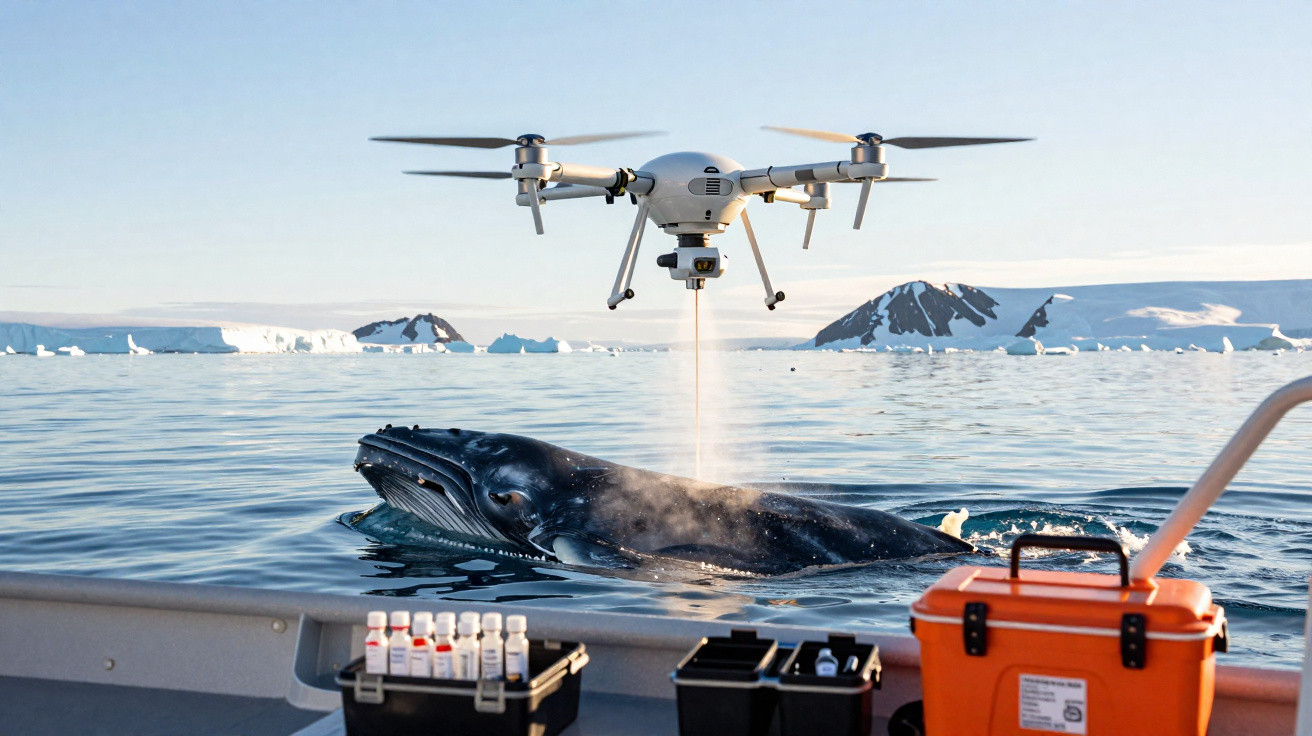 Baleia a emergir perto de drone e barco com gelo e montanhas ao fundo numa paisagem polar.