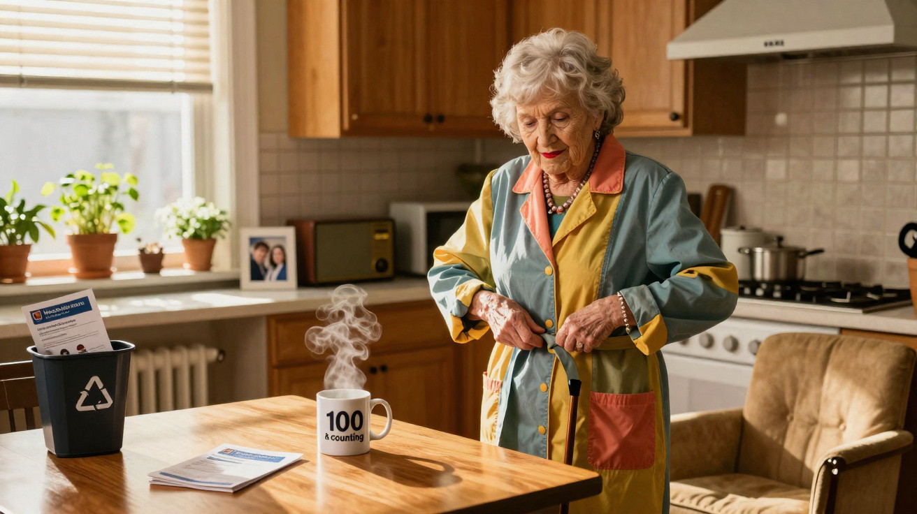 Mulher idosa com bata colorida na cozinha, junto a caneca fumegante e pilha de papéis numa mesa de madeira.