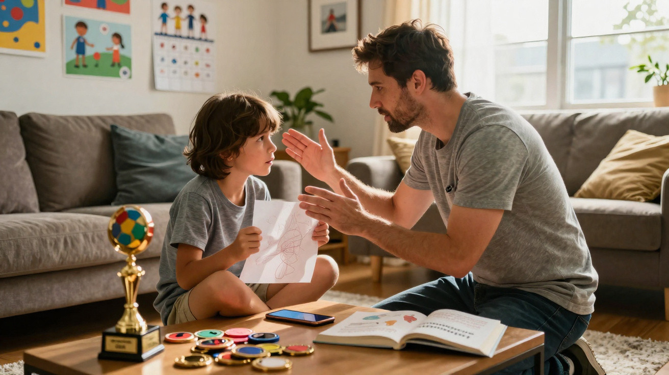 Pai a conversar com filho sentado no chão da sala, com desenhos, medalhas e troféu numa mesa baixa.