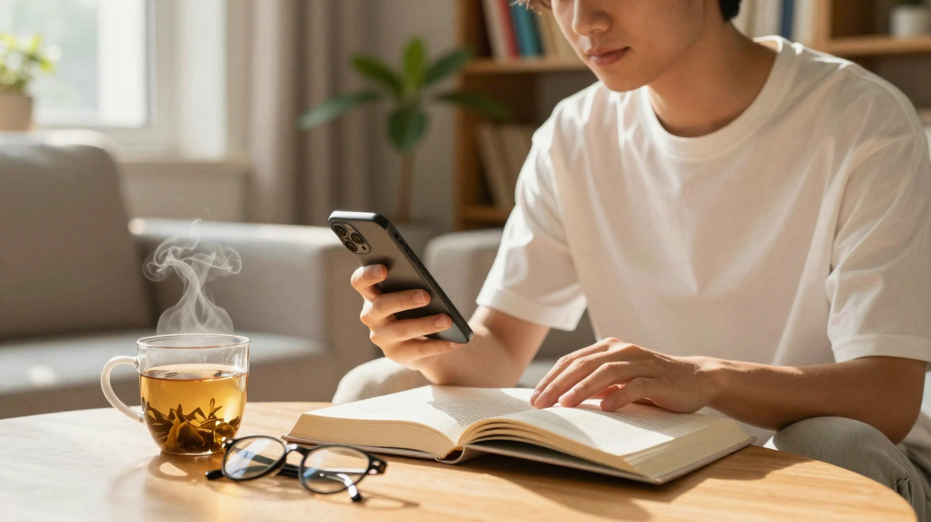 Pessoa a ler um livro e a usar um telemóvel numa mesa com óculos e chá a fumegar.