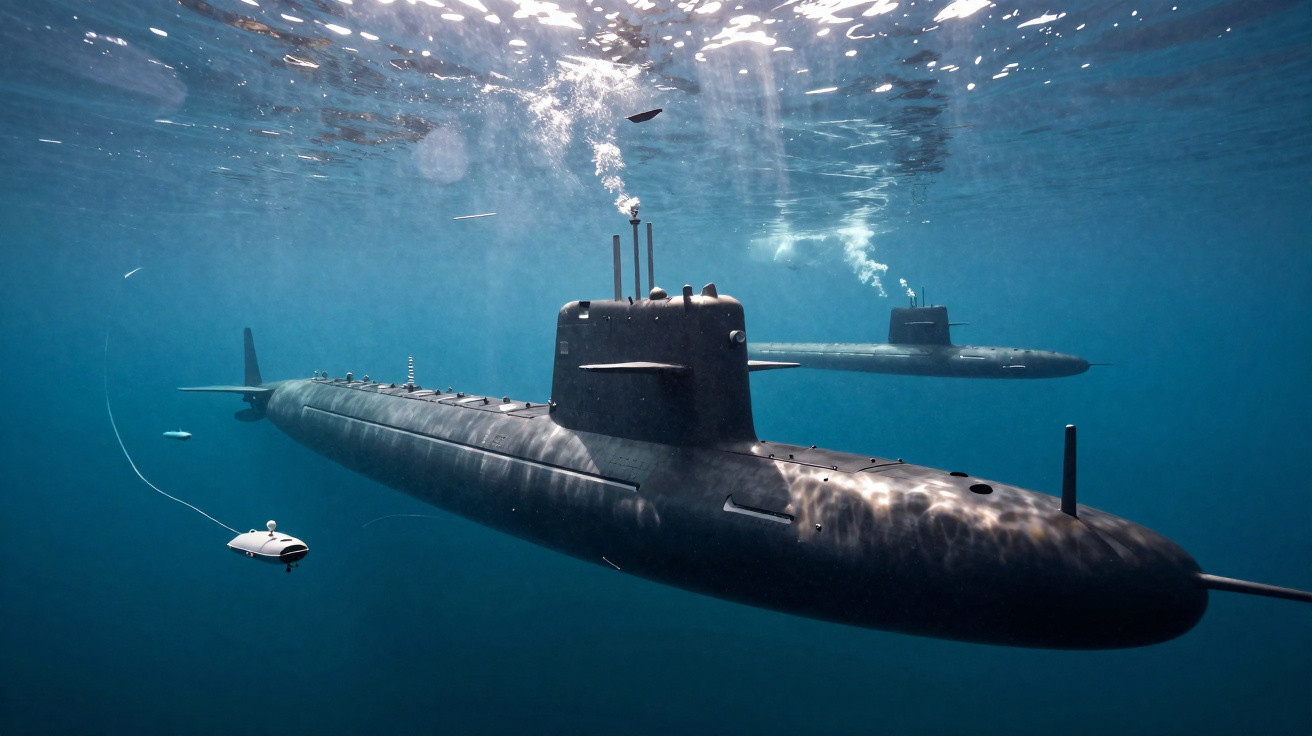 Dois submarinos militares submersos em águas claras e iluminadas pelo sol na superfície.