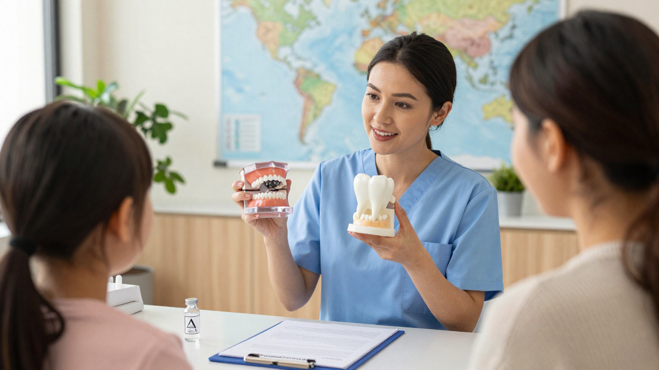 Dentista explica a duas pacientes a diferença entre dentes com aparelho e dentes sem aparelho usando modelos dentários.