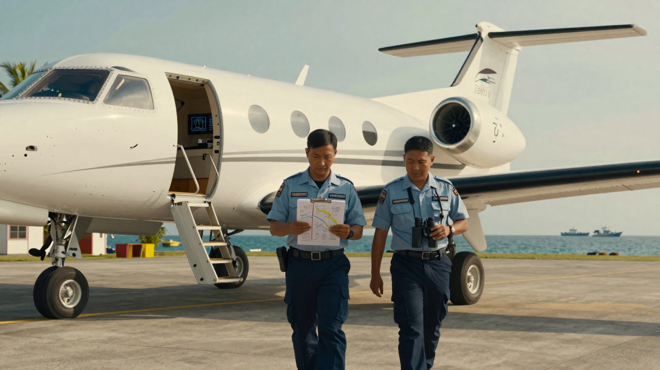 Dois homens em uniforme militar junto a um avião privado branco numa pista de aeroporto com mar ao fundo.