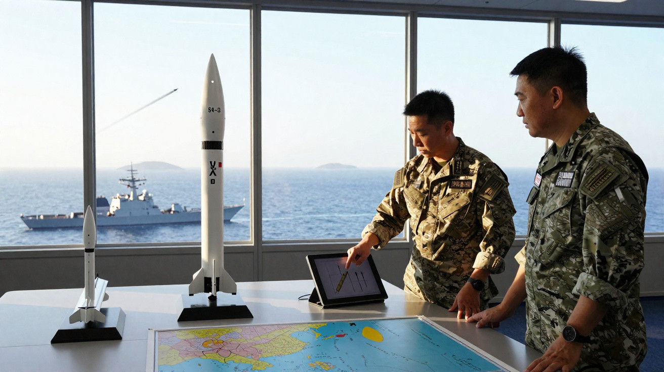 Três militares analisam modelo de míssil e mapas numa sala com vista para o mar e um navio militar.