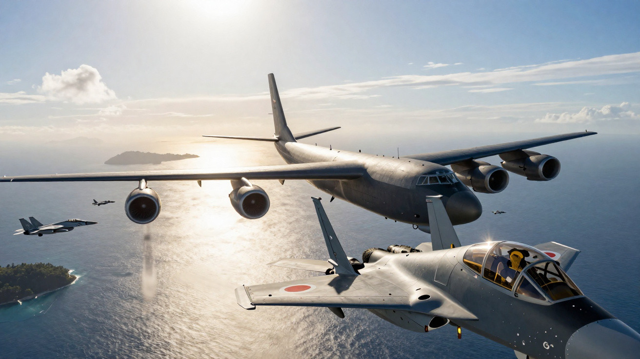 Formação de cinco aviões militares a voar sobre o oceano em céu claro ao pôr do sol.